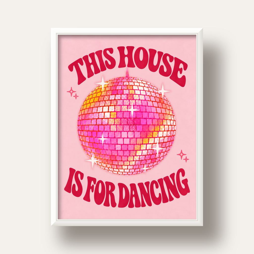 This House Is for Dancing Retro Disko Topu Posteri — beyaz derin çerçeveli