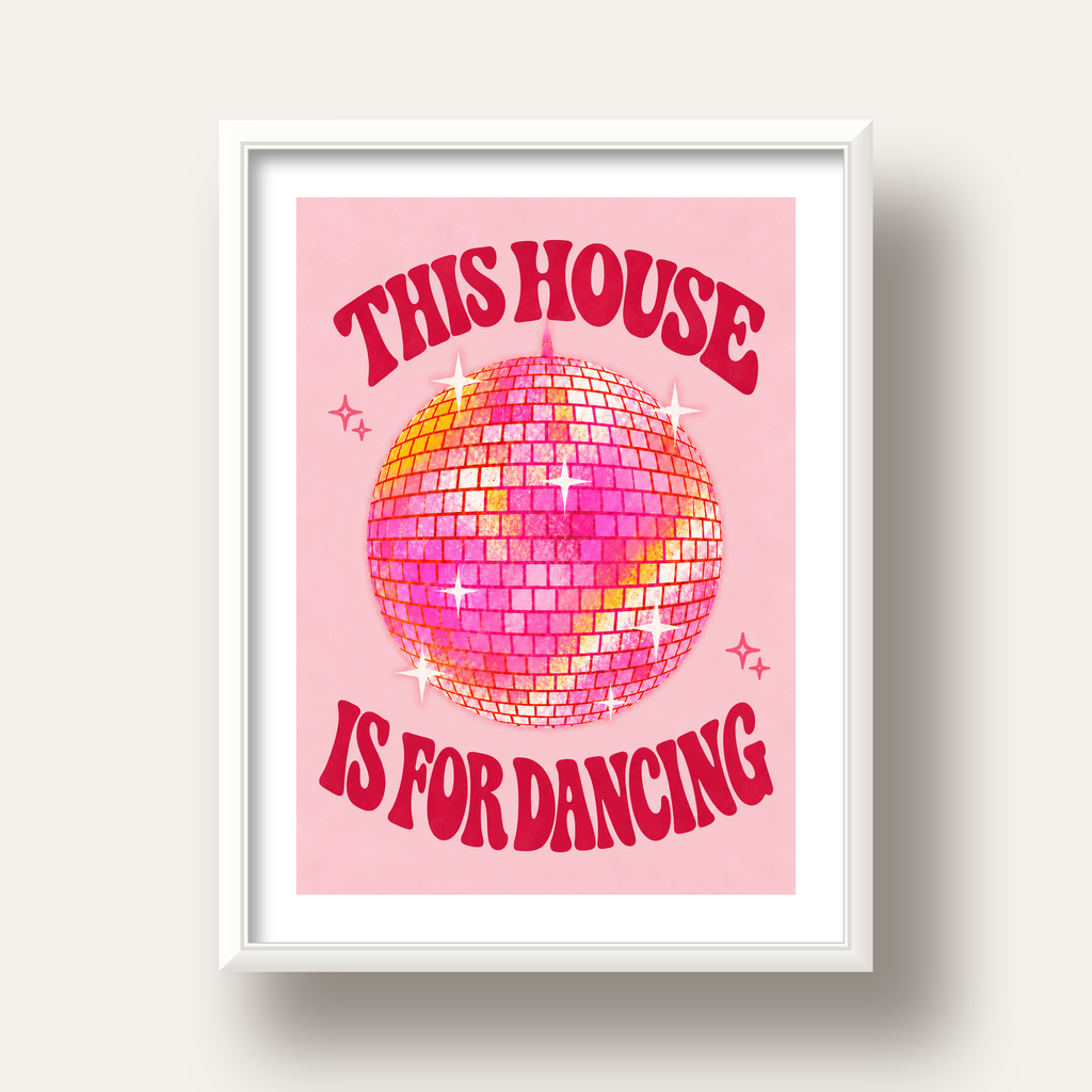 This House Is for Dancing Retro Disko Topu Posteri — beyaz derin çerçeveli paspartulu