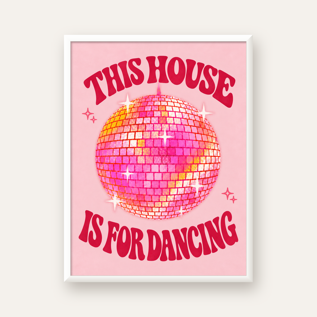 This House Is for Dancing Retro Disko Topu Posteri — beyaz çerçeveli dikey poster