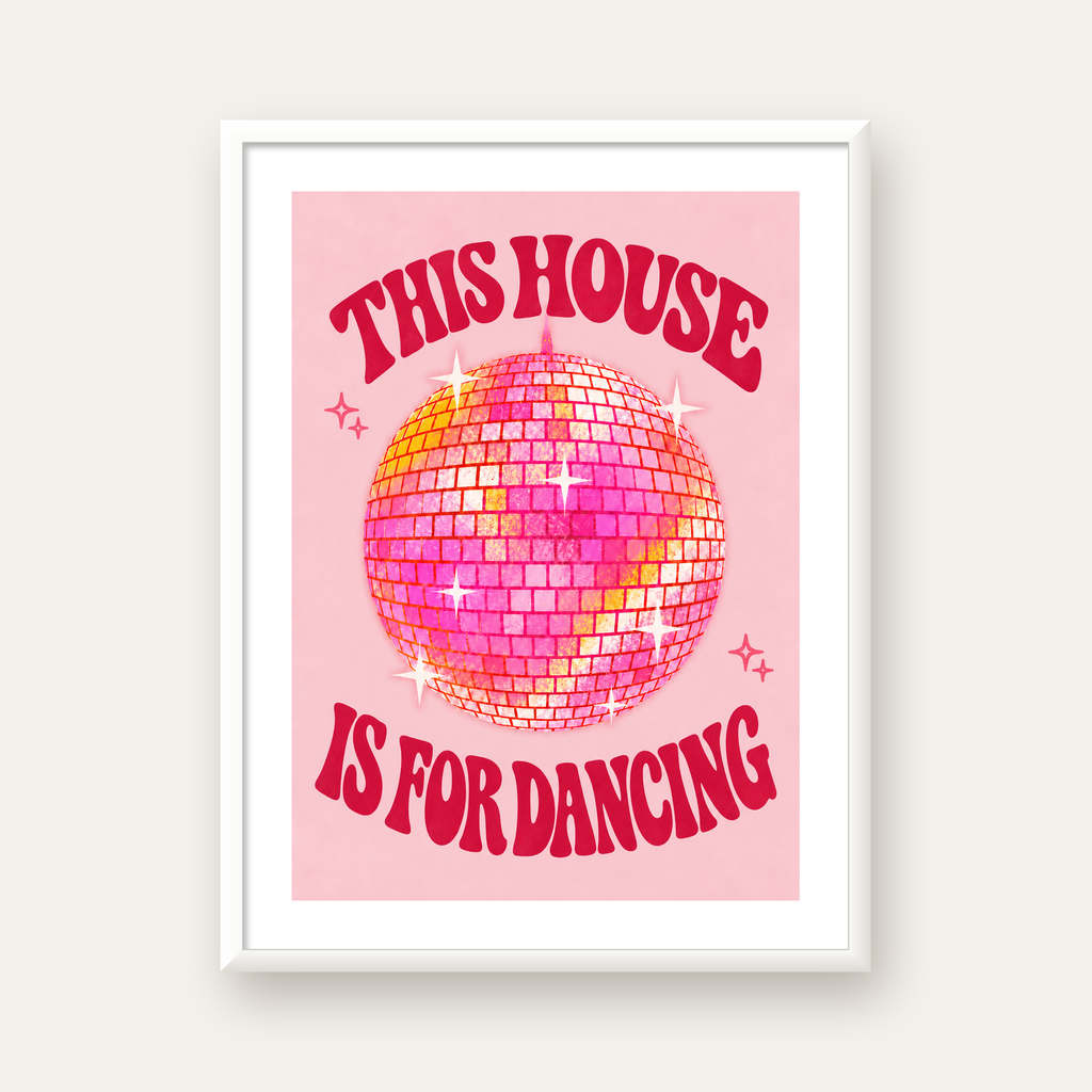 This House Is for Dancing Retro Disko Topu Posteri — beyaz çerçeveli dikey poster