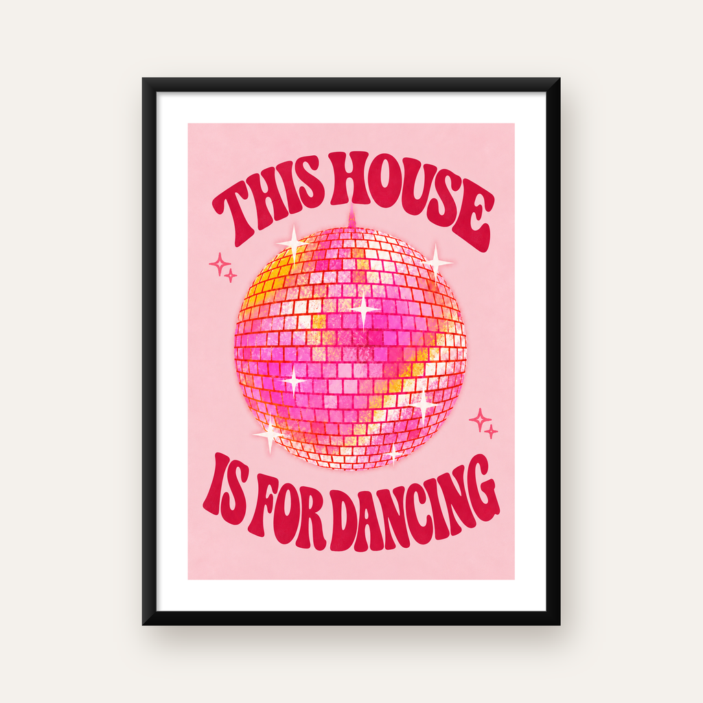 Pembe Disko Topu ve Eğlenceli Yazılı Retro Poster — Dikey baskı, beyaz kenar boşluklu