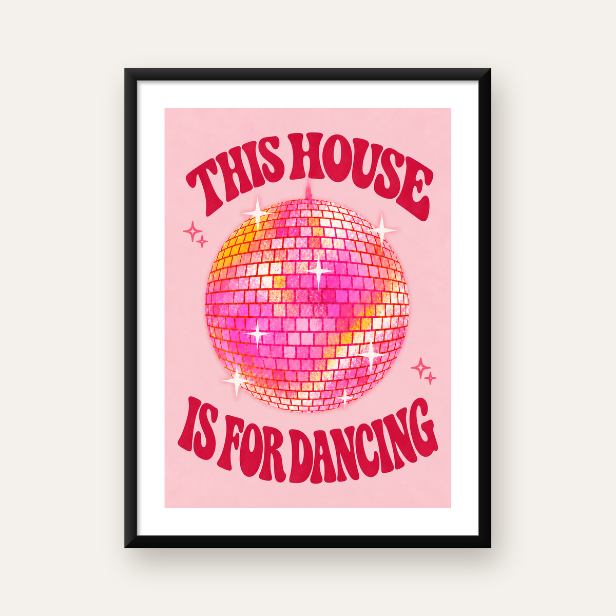 Pembe Disko Topu ve Eğlenceli Yazılı Retro Poster — Dikey baskı, beyaz kenar boşluklu