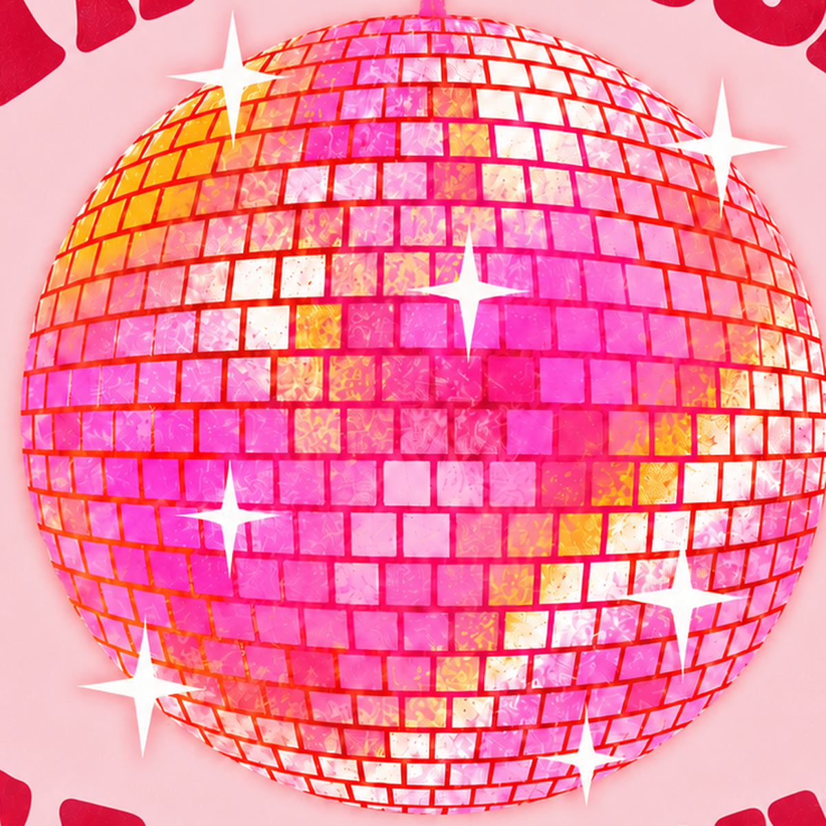 Pembe Disko Topu ve Eğlenceli Yazılı Retro Poster — baskının yakın çekimi, kâğıt dokusu ve renk detayı