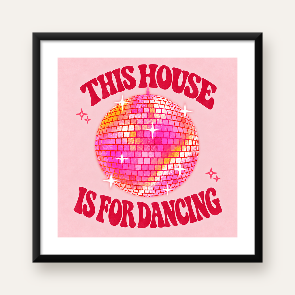 Pembe Disko Topu ve Eğlenceli Yazılı Retro Poster — Kare baskı, beyaz kenar boşluklu