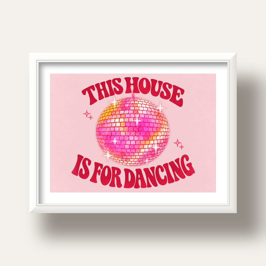 This House Is for Dancing Retro Disko Topu Posteri — beyaz derin çerçeveli paspartulu