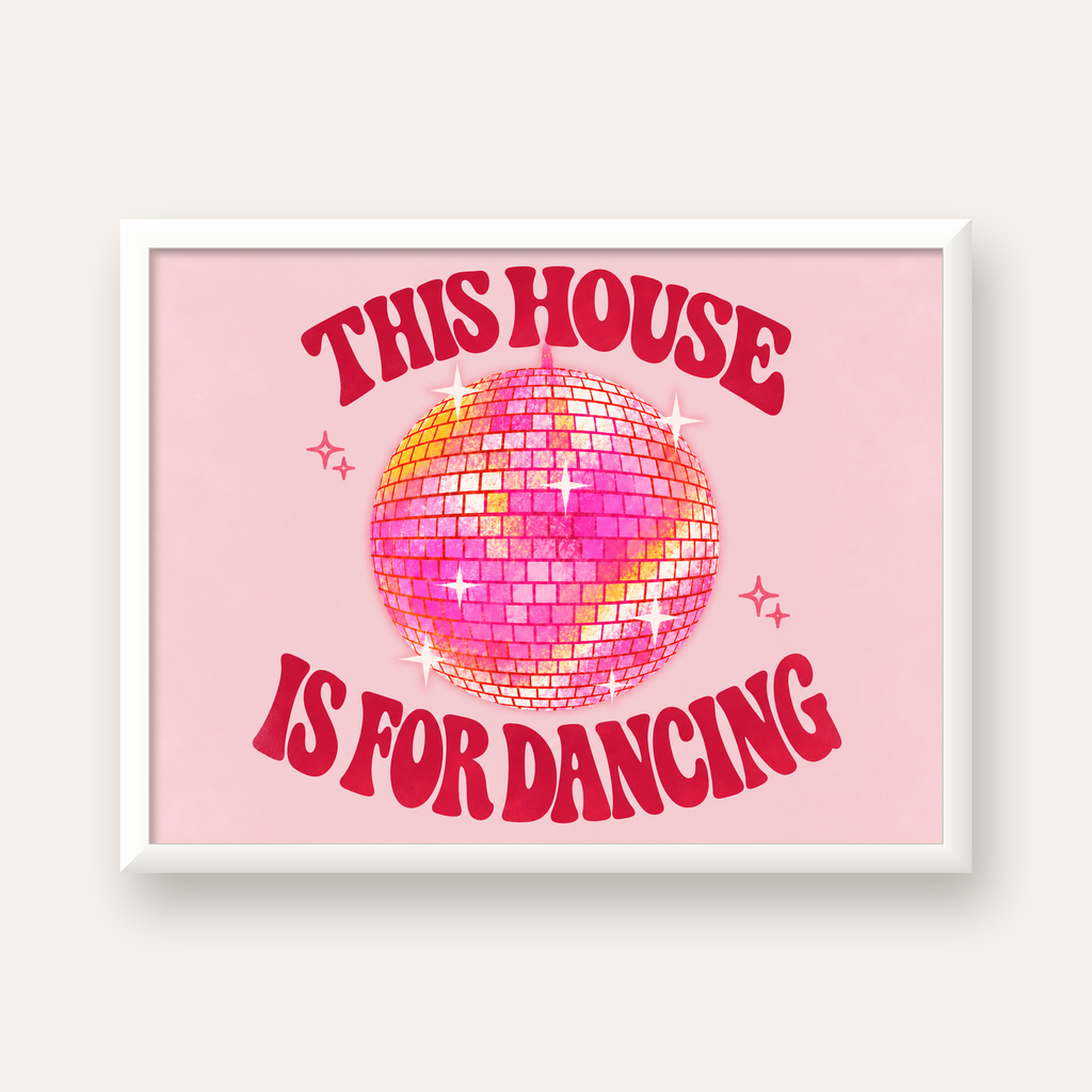 This House Is for Dancing Retro Disko Topu Posteri — beyaz çerçeveli yatay poster