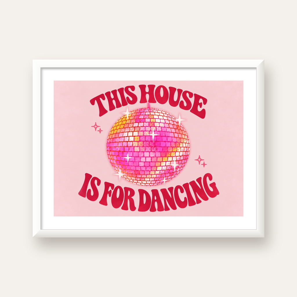 This House Is for Dancing Retro Disko Topu Posteri — beyaz çerçeveli yatay poster