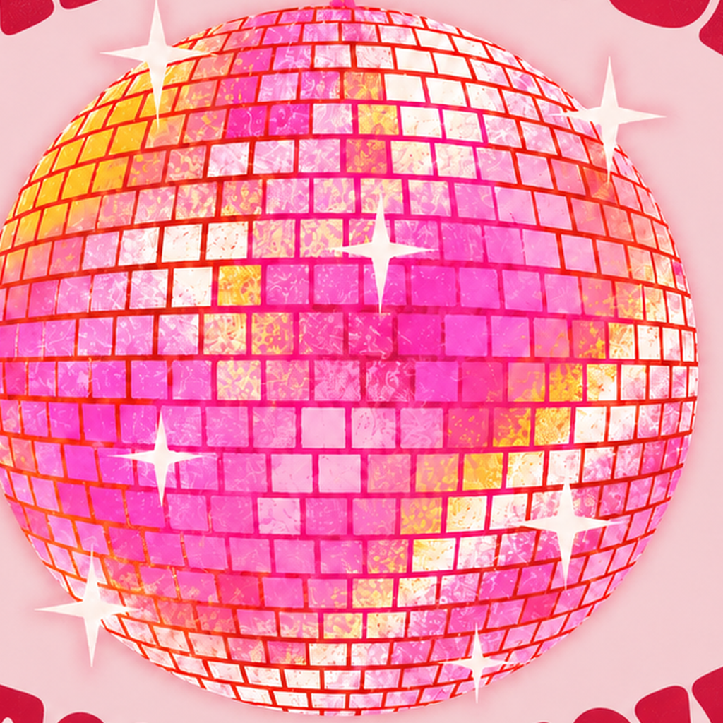 Pembe Disko Topu ve Eğlenceli Yazılı Retro Poster — baskının yakın çekimi, kâğıt dokusu ve renk detayı