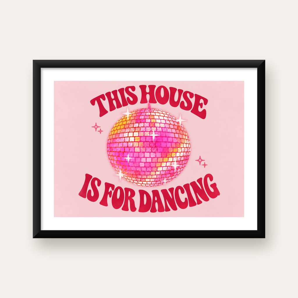 Pembe Disko Topu ve Eğlenceli Yazılı Retro Poster — Yatay baskı, beyaz kenar boşluklu