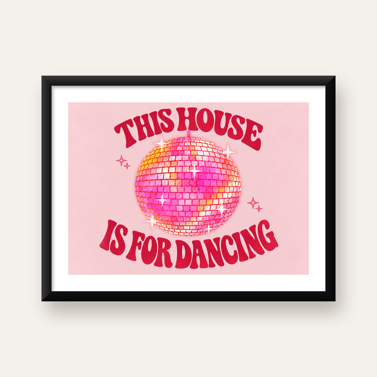 Pembe Disko Topu ve Eğlenceli Yazılı Retro Poster — Yatay baskı, beyaz kenar boşluklu