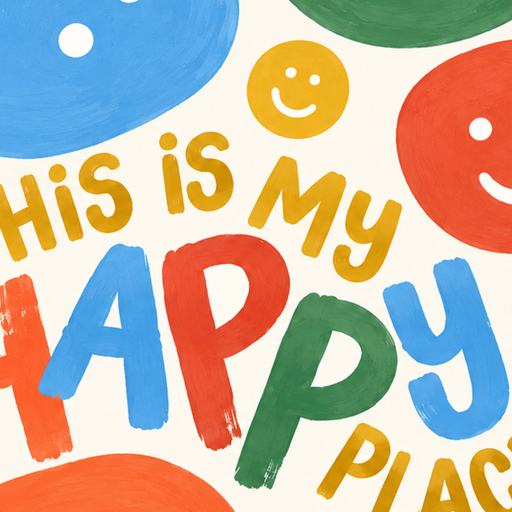 Renkli Gülümseyen Suratlar Poster – THIS IS MY HAPPY PLACE — baskının yakın çekimi, kâğıt dokusu ve renk detayı