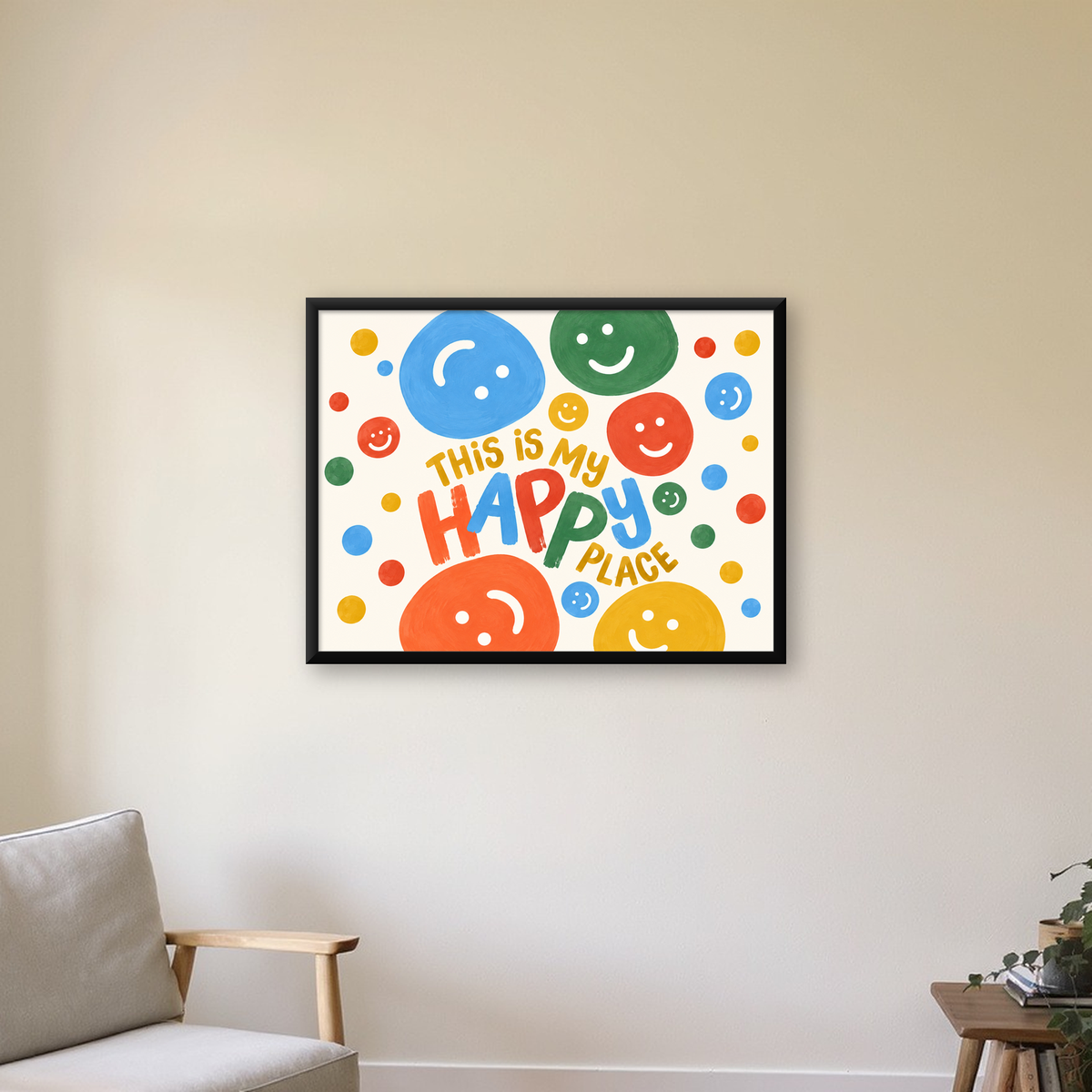 Renkli Gülümseyen Suratlar Poster – THIS IS MY HAPPY PLACE — Yatay baskı, çerçeveli hâliyle bir ev duvarında