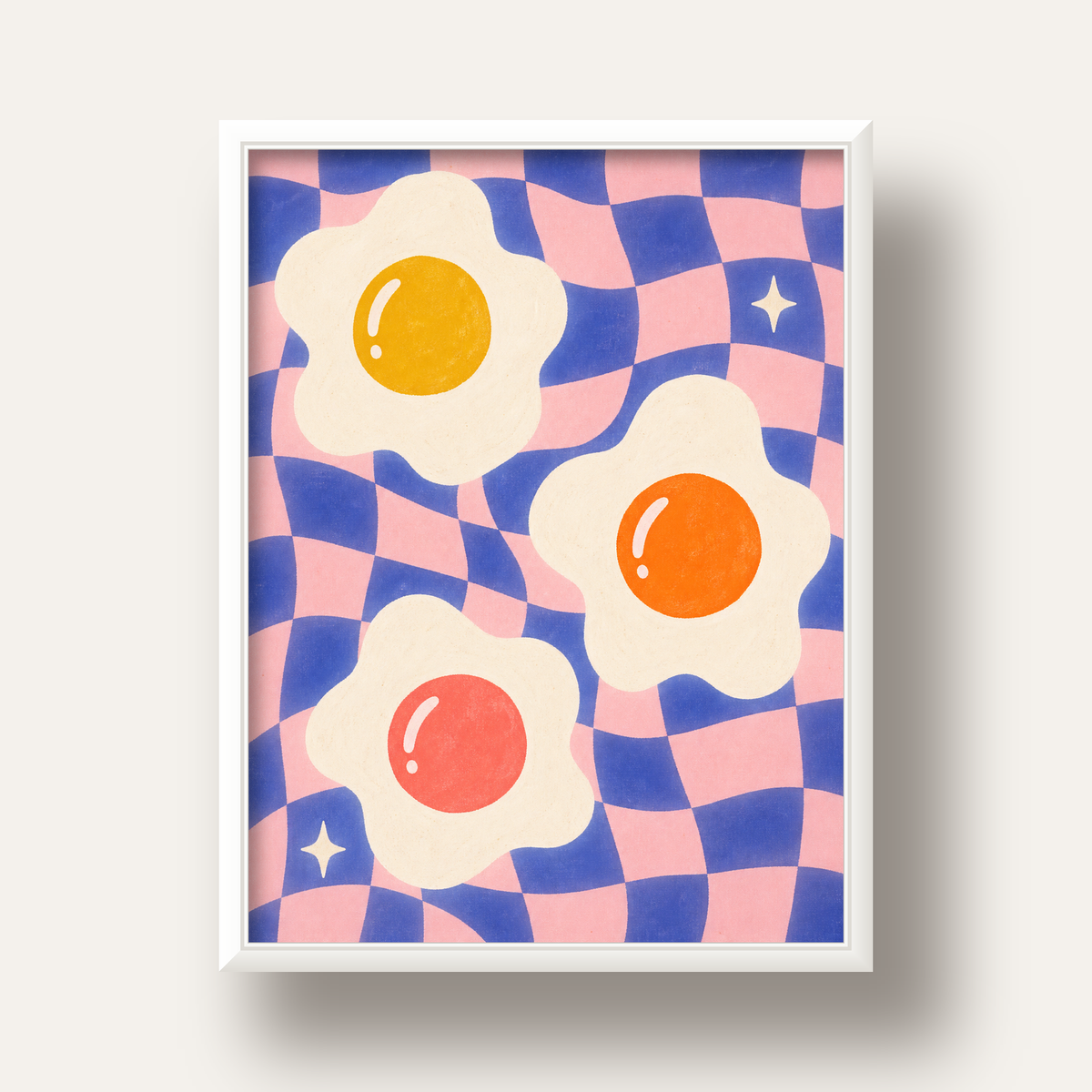 Renkli Yumurta ve Dalgalı Desenli Pop-Art Poster — beyaz derin çerçeveli