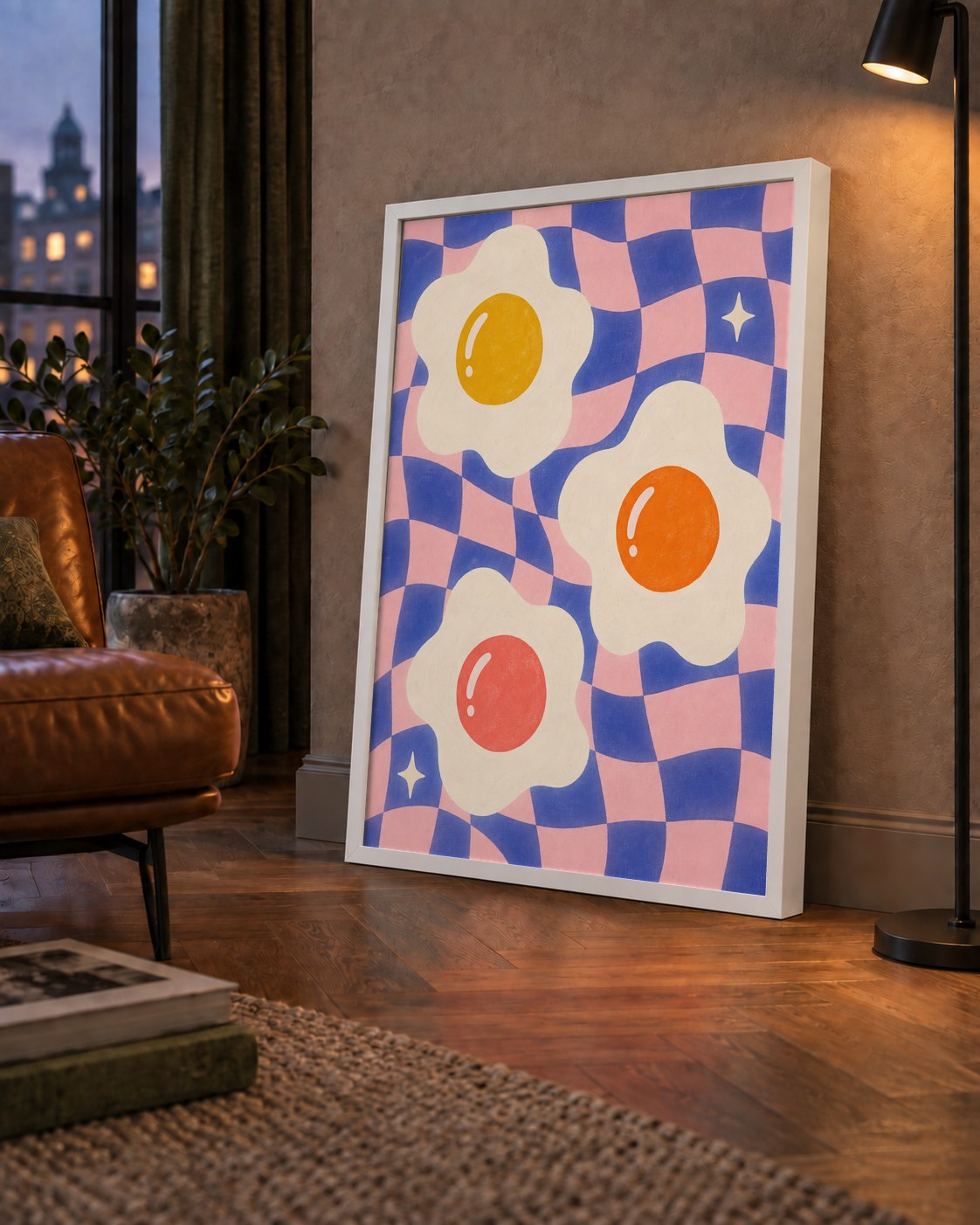 Renkli Yumurta ve Dalgalı Desenli Pop-Art Poster — çerçeveli hâliyle bir ev duvarında