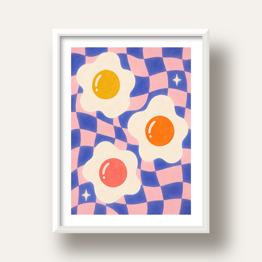 Renkli Yumurta ve Dalgalı Desenli Pop-Art Poster — beyaz derin çerçeveli paspartulu