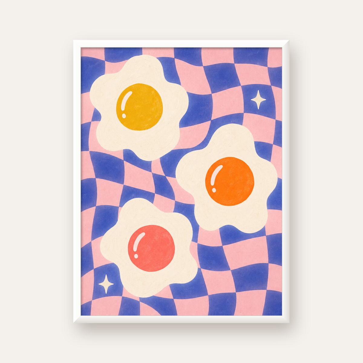 Renkli Yumurta ve Dalgalı Desenli Pop-Art Poster — beyaz çerçeveli dikey poster