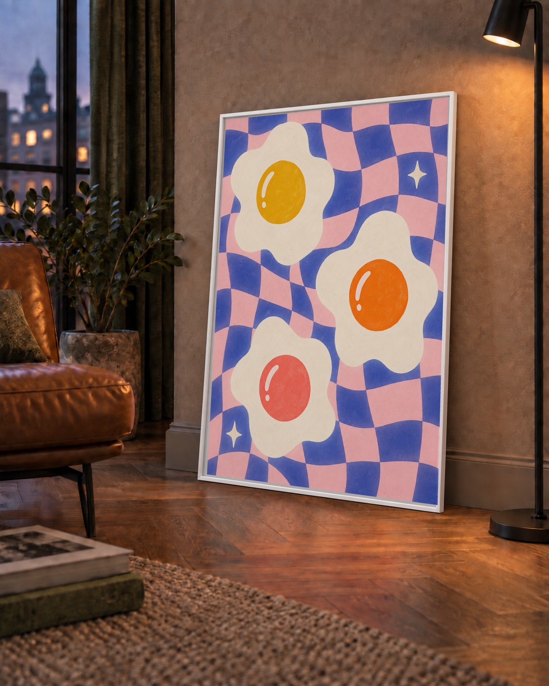 Renkli Yumurta ve Dalgalı Desenli Pop-Art Poster — çerçeveli hâliyle bir ev duvarında
