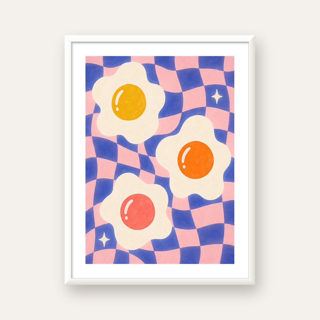 Renkli Yumurta ve Dalgalı Desenli Pop-Art Poster — beyaz çerçeveli dikey poster