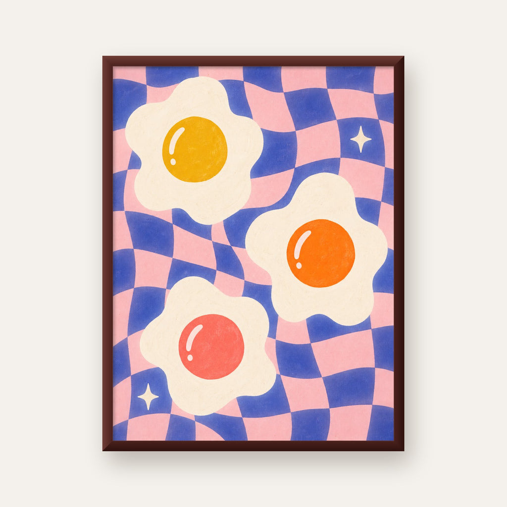 Renkli Yumurta ve Dalgalı Desenli Pop-Art Poster — ceviz çerçeveli