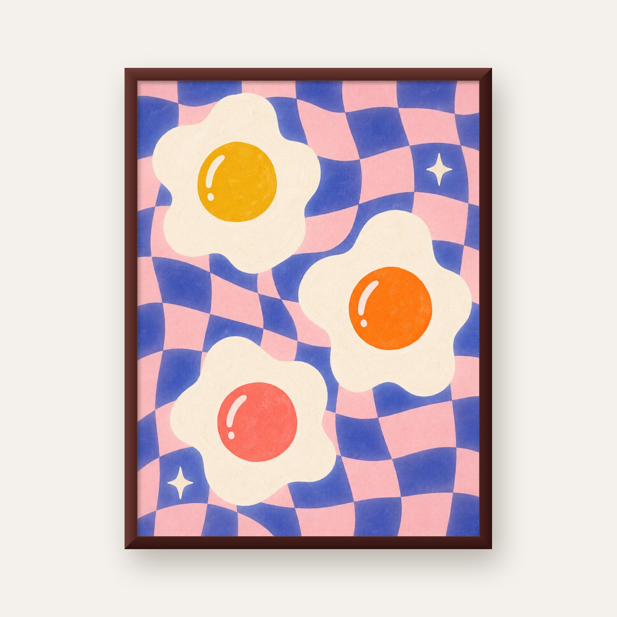 Renkli Yumurta ve Dalgalı Desenli Pop-Art Poster — ceviz çerçeveli