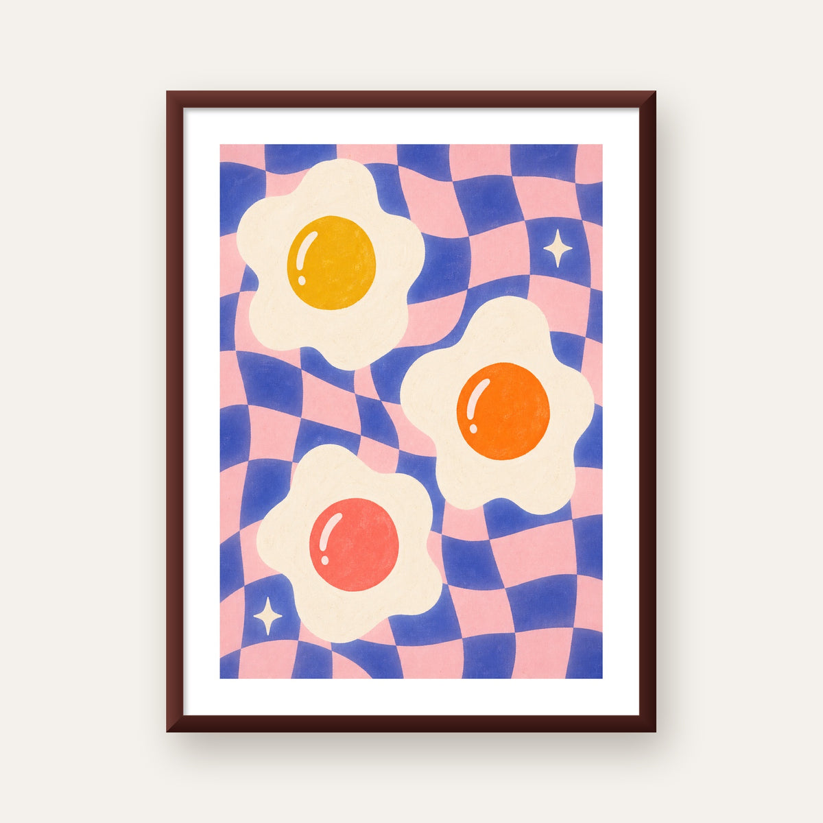 Renkli Yumurta ve Dalgalı Desenli Pop-Art Poster — ceviz çerçeveli paspartulu