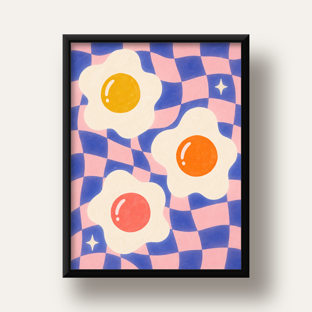 Renkli Yumurta ve Dalgalı Desenli Pop-Art Poster — siyah derin çerçeveli