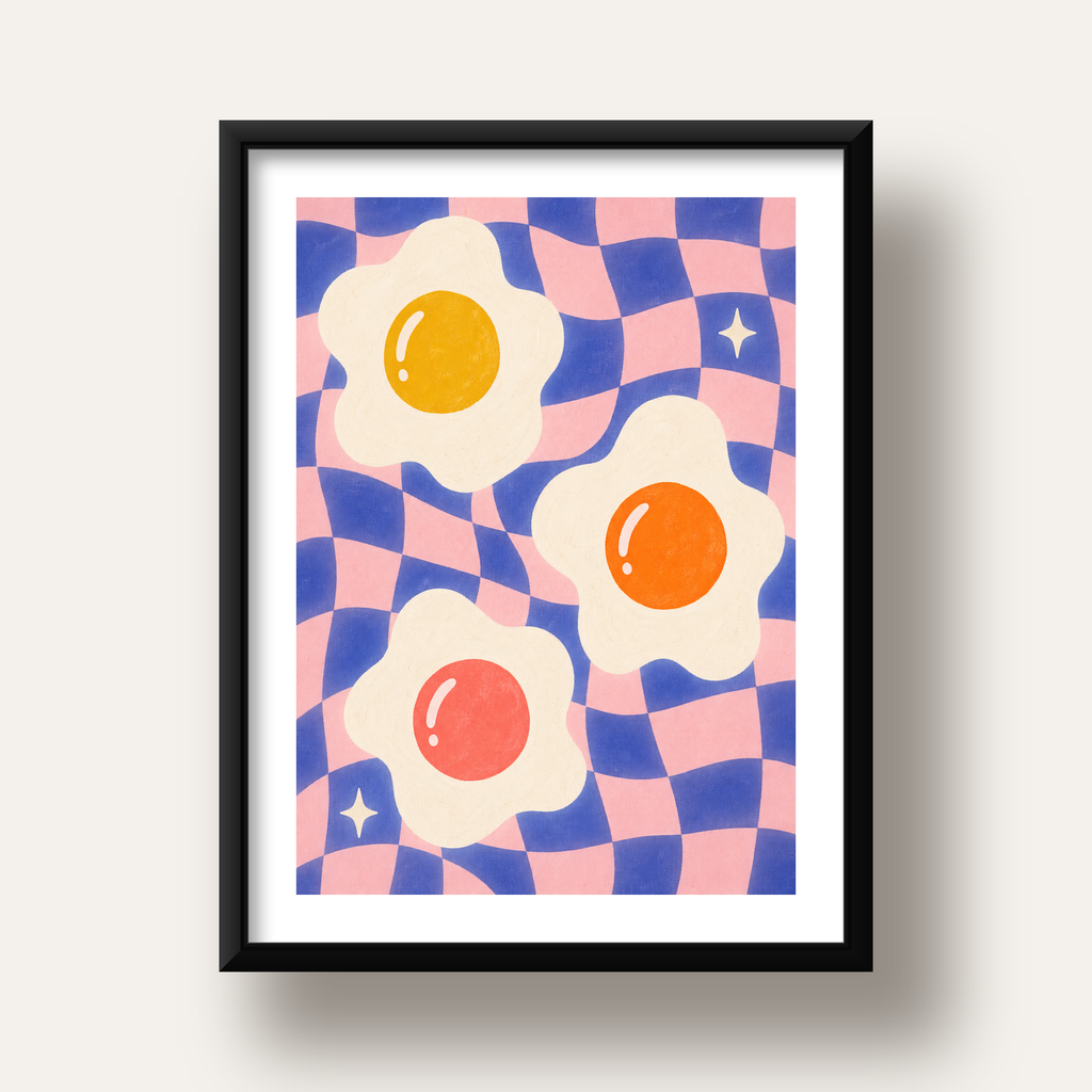 Renkli Yumurta ve Dalgalı Desenli Pop-Art Poster — siyah derin çerçeveli paspartulu