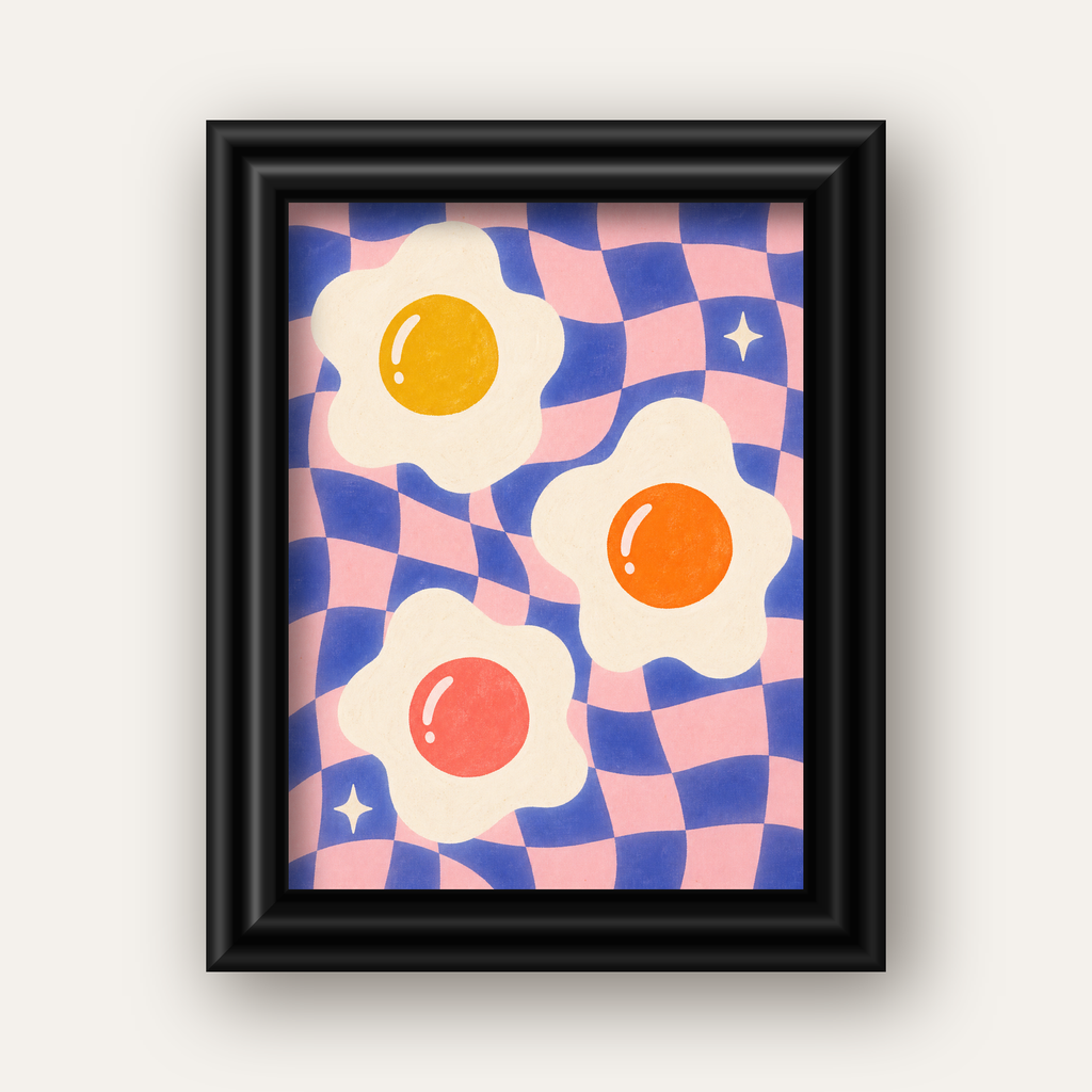 Renkli Yumurta ve Dalgalı Desenli Pop-Art Poster — siyah galeri çerçeveli