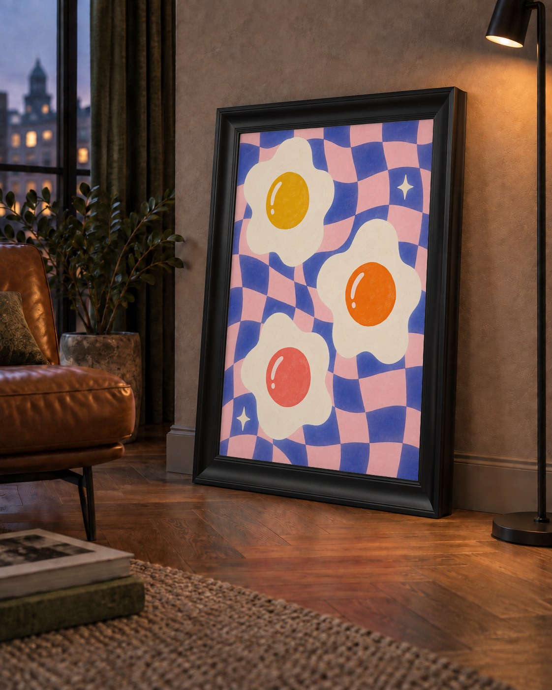 Renkli Yumurta ve Dalgalı Desenli Pop-Art Poster — çerçeveli hâliyle bir ev duvarında