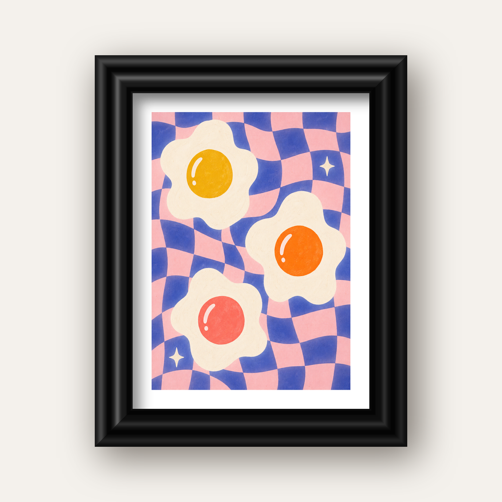 Renkli Yumurta ve Dalgalı Desenli Pop-Art Poster — siyah galeri çerçeveli paspartulu