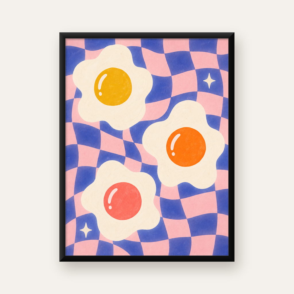 Renkli Yumurta ve Dalgalı Desenli Pop-Art Poster — Dikey baskı, düz siyah çerçeveli duvar posteri