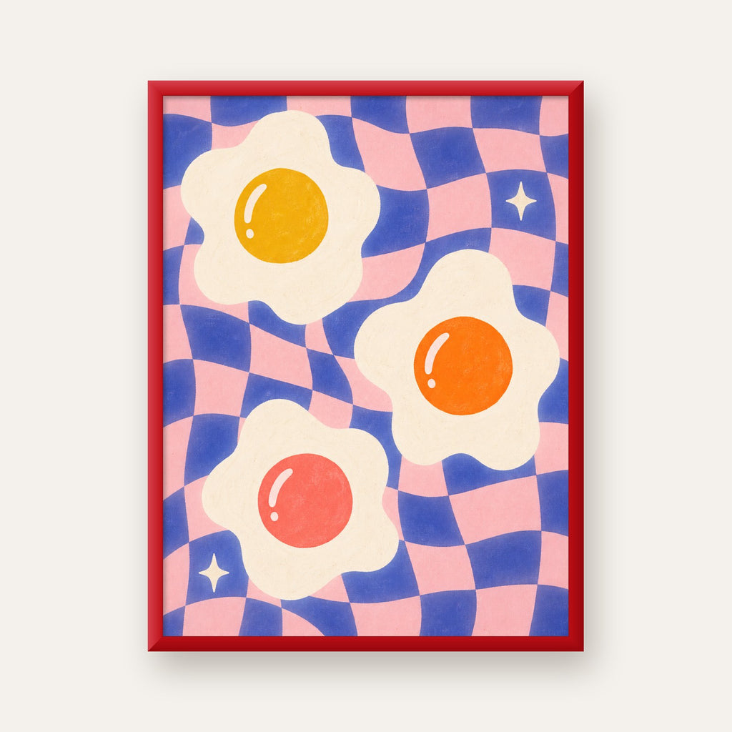Renkli Yumurta ve Dalgalı Desenli Pop-Art Poster — kırmızı çerçeveli