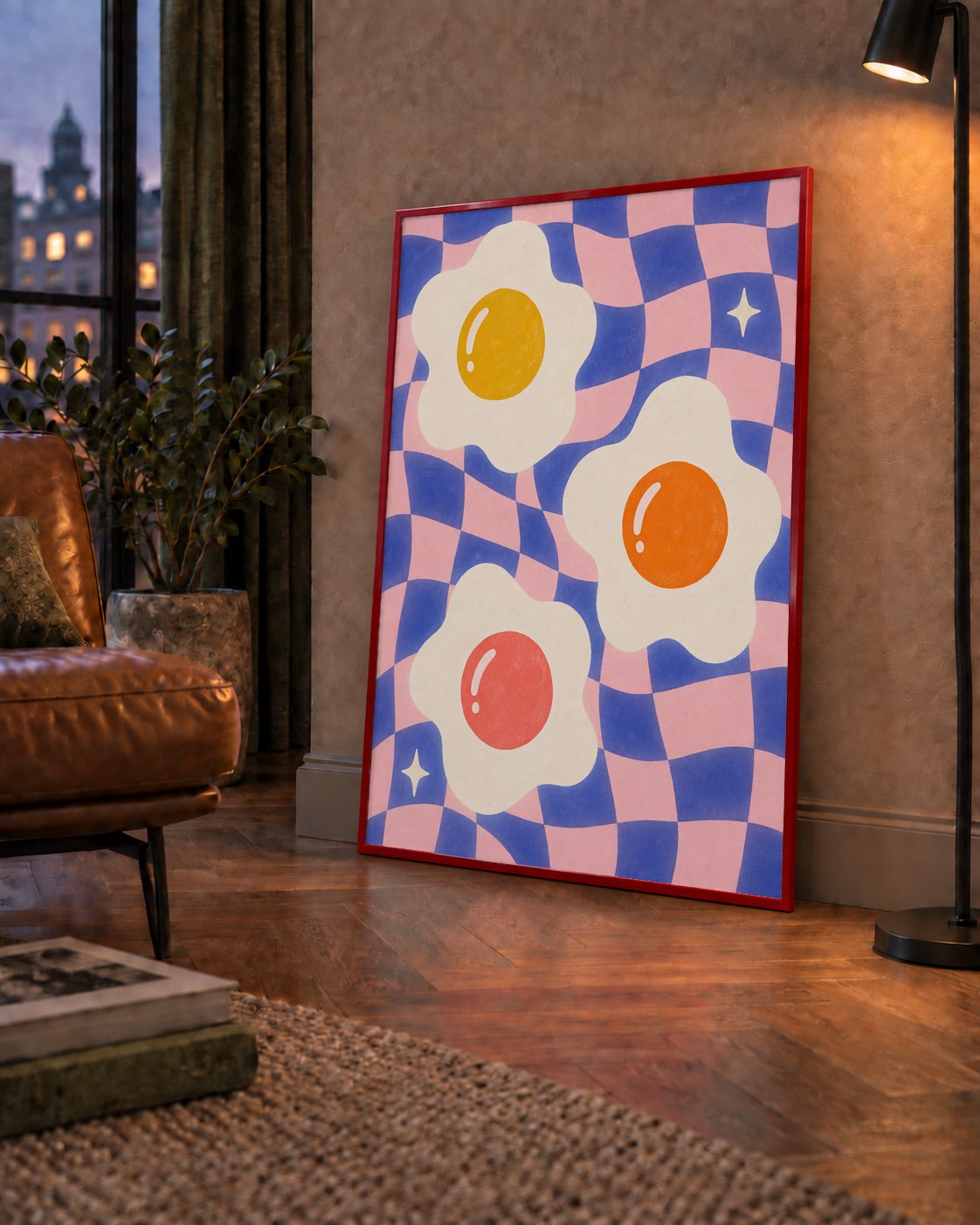 Renkli Yumurta ve Dalgalı Desenli Pop-Art Poster — çerçeveli hâliyle bir ev duvarında