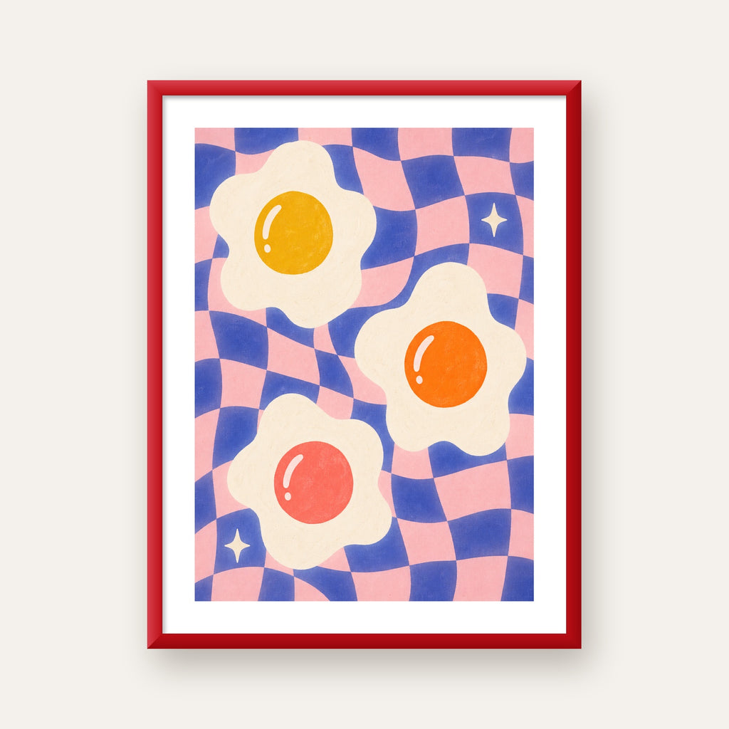 Renkli Yumurta ve Dalgalı Desenli Pop-Art Poster — kırmızı çerçeveli paspartulu