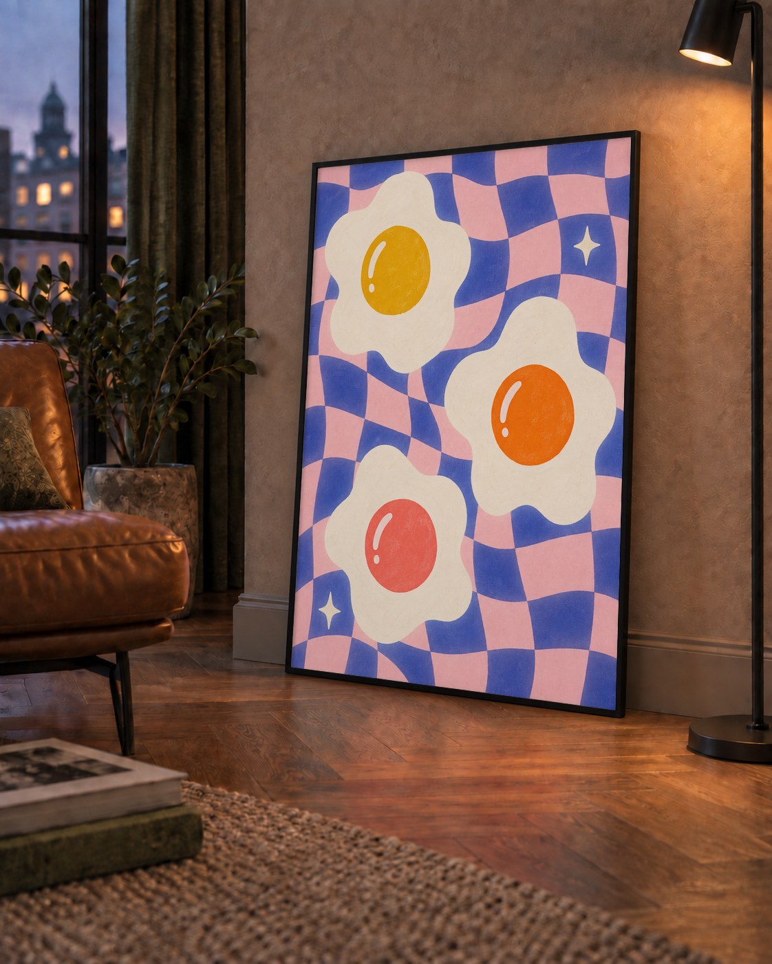 Renkli Yumurta ve Dalgalı Desenli Pop-Art Poster — çerçeveli hâliyle bir ev duvarında