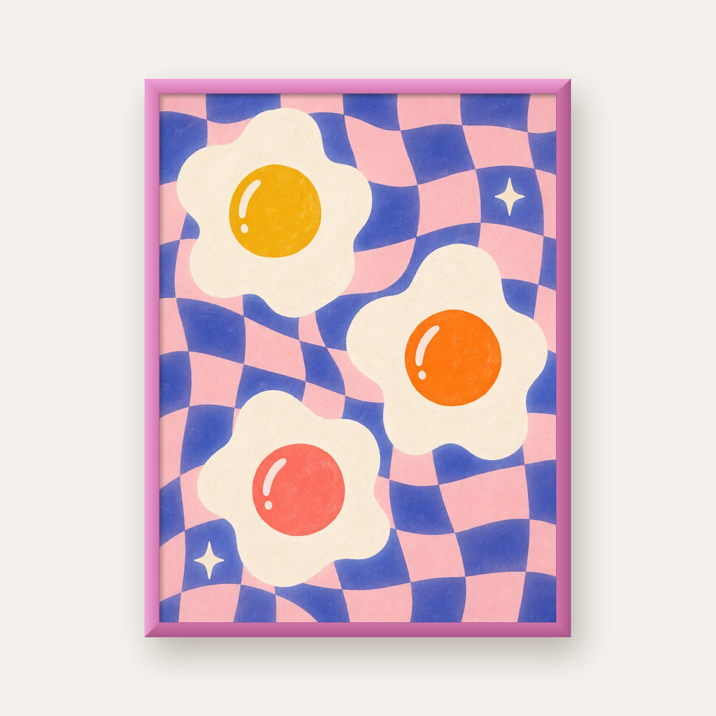 Renkli Yumurta ve Dalgalı Desenli Pop-Art Poster — pembe çerçeveli