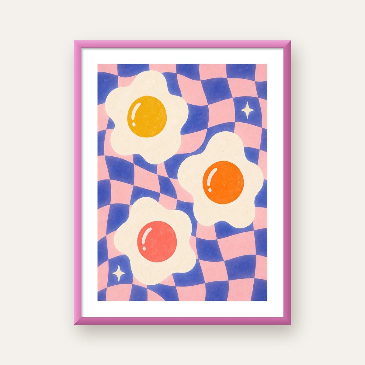 Renkli Yumurta ve Dalgalı Desenli Pop-Art Poster — pembe çerçeveli paspartulu