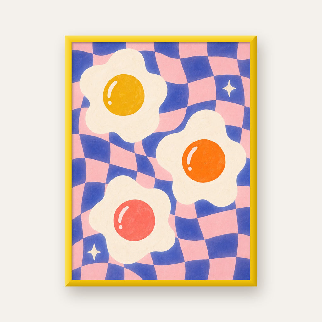 Renkli Yumurta ve Dalgalı Desenli Pop-Art Poster — sarı çerçeveli