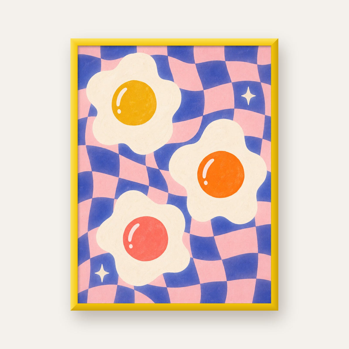 Renkli Yumurta ve Dalgalı Desenli Pop-Art Poster — sarı çerçeveli