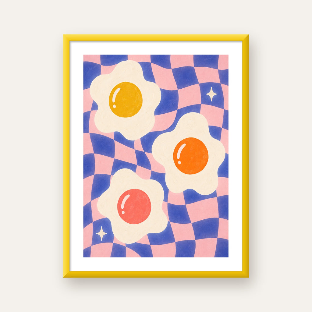 Renkli Yumurta ve Dalgalı Desenli Pop-Art Poster — sarı çerçeveli paspartulu