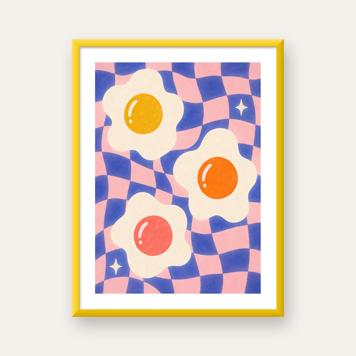 Renkli Yumurta ve Dalgalı Desenli Pop-Art Poster — sarı çerçeveli paspartulu