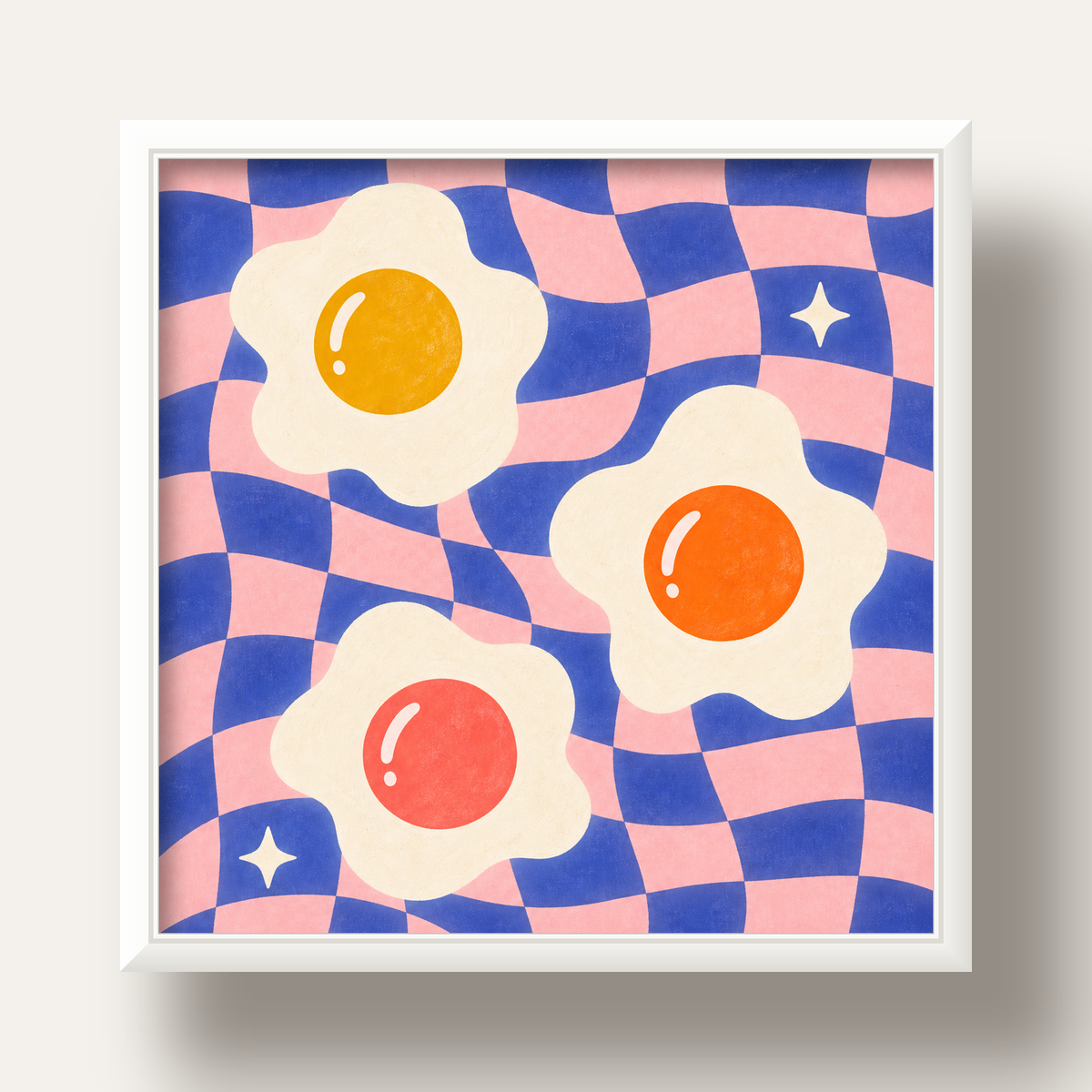 Renkli Yumurta ve Dalgalı Desenli Pop-Art Poster — beyaz derin çerçeveli