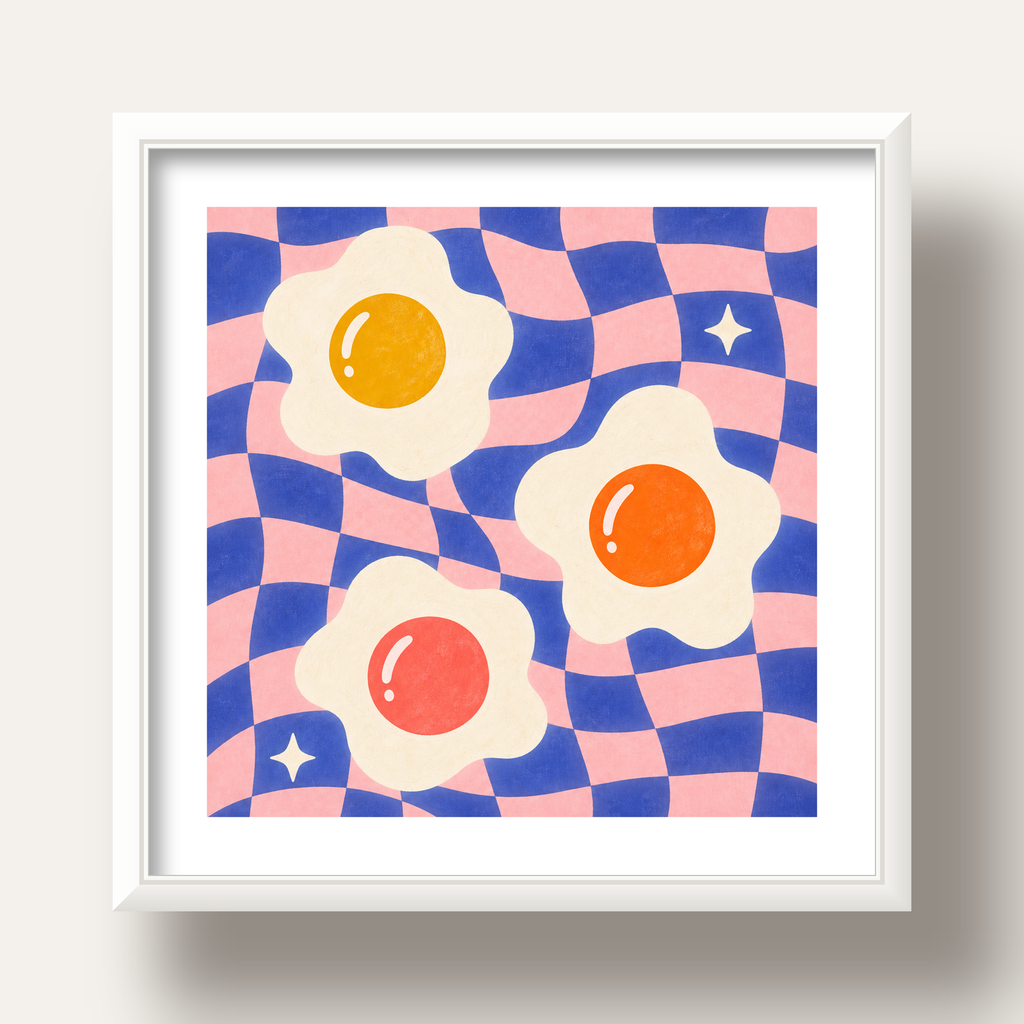 Renkli Yumurta ve Dalgalı Desenli Pop-Art Poster — beyaz derin çerçeveli paspartulu