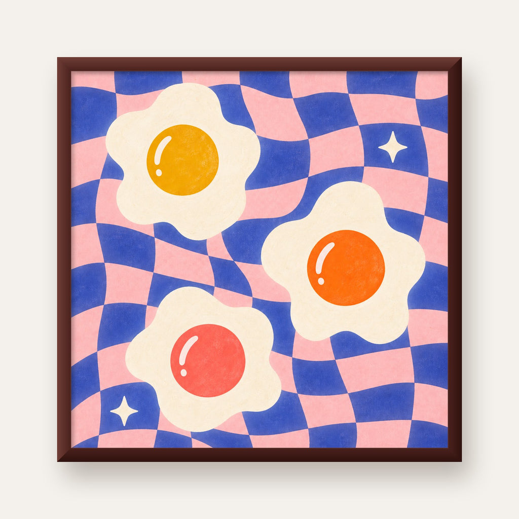 Renkli Yumurta ve Dalgalı Desenli Pop-Art Poster — ceviz çerçeveli