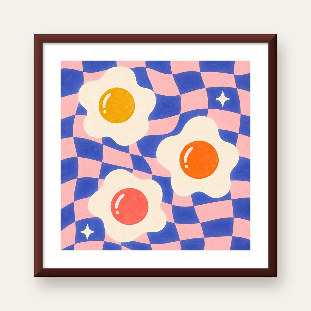 Renkli Yumurta ve Dalgalı Desenli Pop-Art Poster — ceviz çerçeveli paspartulu