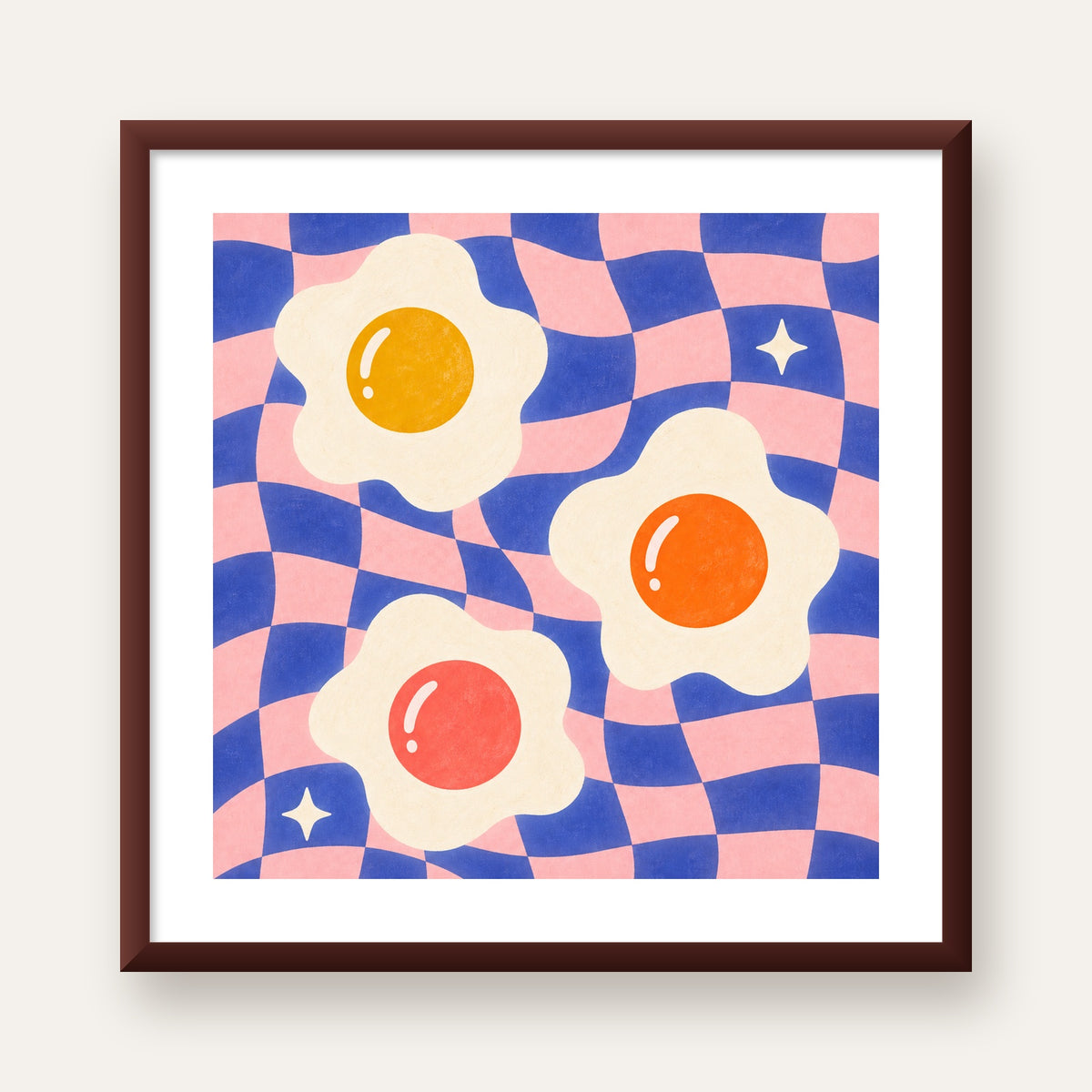 Renkli Yumurta ve Dalgalı Desenli Pop-Art Poster — ceviz çerçeveli paspartulu