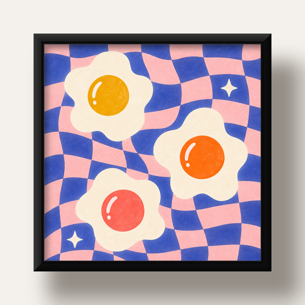 Renkli Yumurta ve Dalgalı Desenli Pop-Art Poster — siyah derin çerçeveli