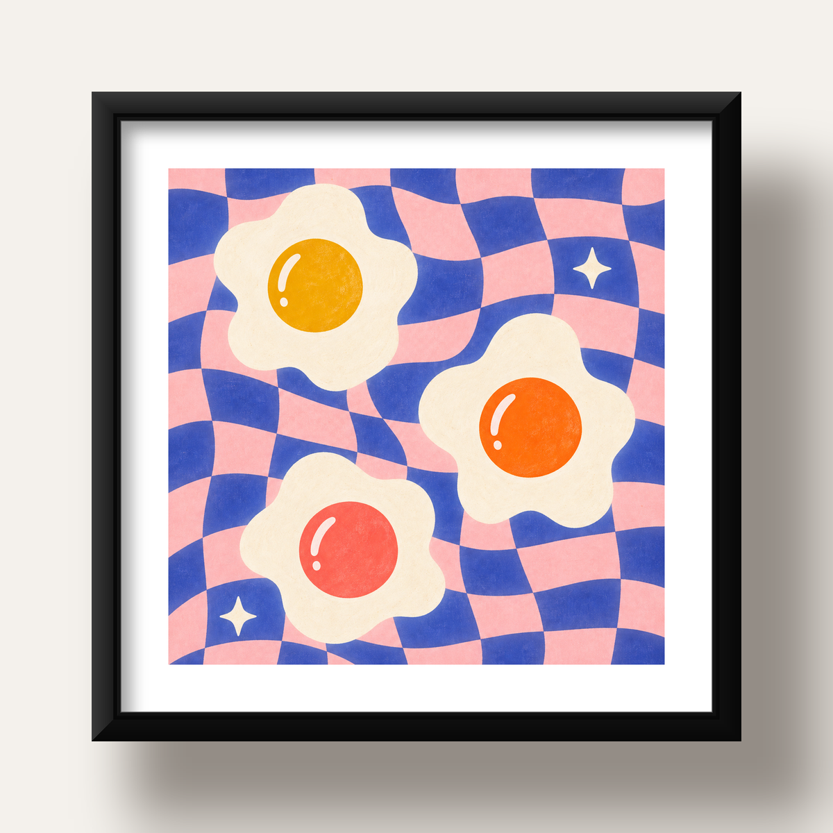 Renkli Yumurta ve Dalgalı Desenli Pop-Art Poster — siyah derin çerçeveli paspartulu