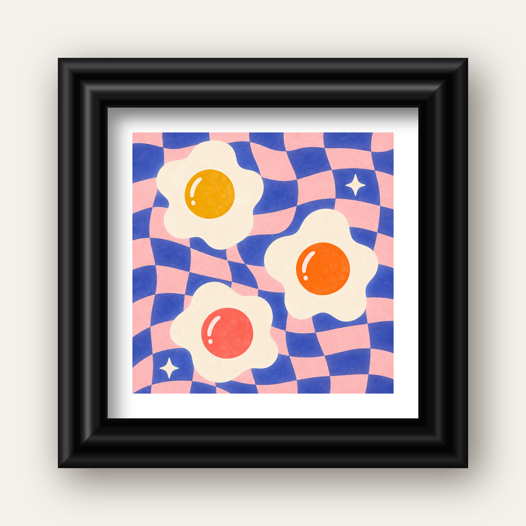 Renkli Yumurta ve Dalgalı Desenli Pop-Art Poster — siyah galeri çerçeveli paspartulu