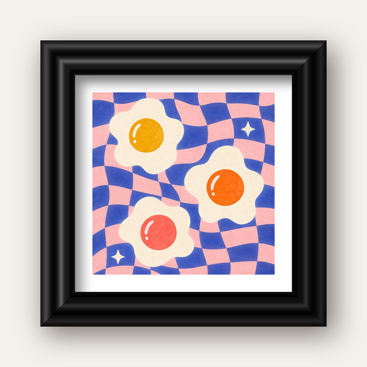 Renkli Yumurta ve Dalgalı Desenli Pop-Art Poster — siyah galeri çerçeveli paspartulu